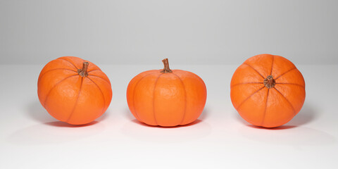 3D photo rendering of realistic pumpkin in three angel view. closeup view of 3d generated pumpkins isolated on white background.