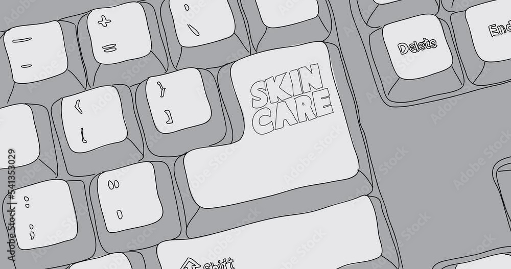 Poster computer keyboard with skin care text. close-up of an electronic computer device part, keypad. danci