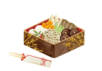 水彩で描いた重箱に入ったおせち料理
