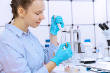 young female student loads biological samples into microtube strips for PCR analysis. University...