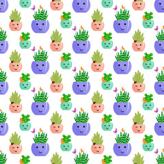 Seamless pattern with succulents and butterflies in clay pots. Vector illustration isolated on white background. For prints, posters, covers and brochures, clothes.