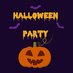 text halloween party on a dark background with a pumpkin banner invitation