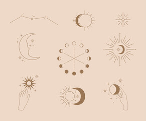 Set of mystical magic logo with elegant hands, moon, sun and stars.