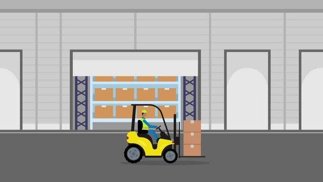 Forklift driver moving cardboard box in warehouse
