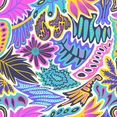 vector colorful floral and leaves seamless pattern on white