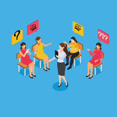 Group of psychological support for pregnant women isometric 3d vector illustration concept for banner, website, illustration, landing page, flyer, etc.