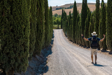Man walking along via Francigena mud road with cypress trees on the both sides of the track.  Monteroni d'Arbia, route of the via francigena. Siena province, Tuscany. Italy, Europe.