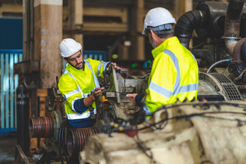 professional technician engineer working to check safety system of heavy industry manufacturing...