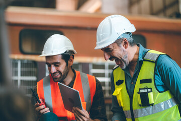 industrial factory with men at work concept, professional engineer foreman inspector talking in business occupation job teamwork with team, construction manager working in manufacturing technology job