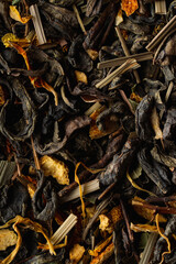 Tea, herbs and berries brew mixture close up