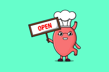 Cute cartoon Stomach character holding open sign board designs in concept flat cartoon style