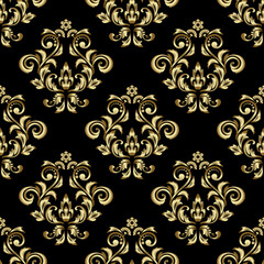 Wallpaper in the style of Baroque. Seamless vector background. Gold and black floral ornament. Graphic pattern for fabric, wallpaper, packaging. Ornate Damask flower ornament