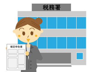 税務署の建物の前で確定申告書を持っている女性のイラスト・自営業・経営者・税理士・説明・案内・相談