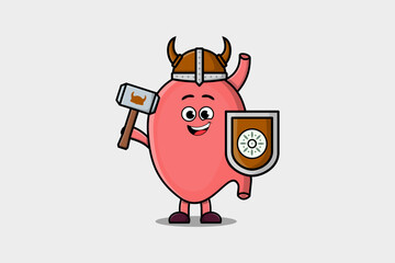 Cute cartoon character Stomach viking pirate with hat and holding hammer and shield