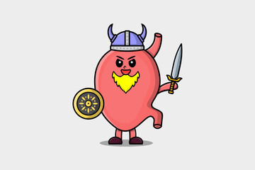 Cute cartoon character Stomach viking pirate with hat and holding sword and shield illustration