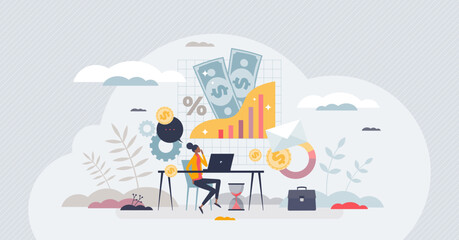 Bookkeeping and personal financial data management tiny person concept. Annual tax money document analysis and income, expenses audit vector illustration. Monthly bills calculation after work salary.