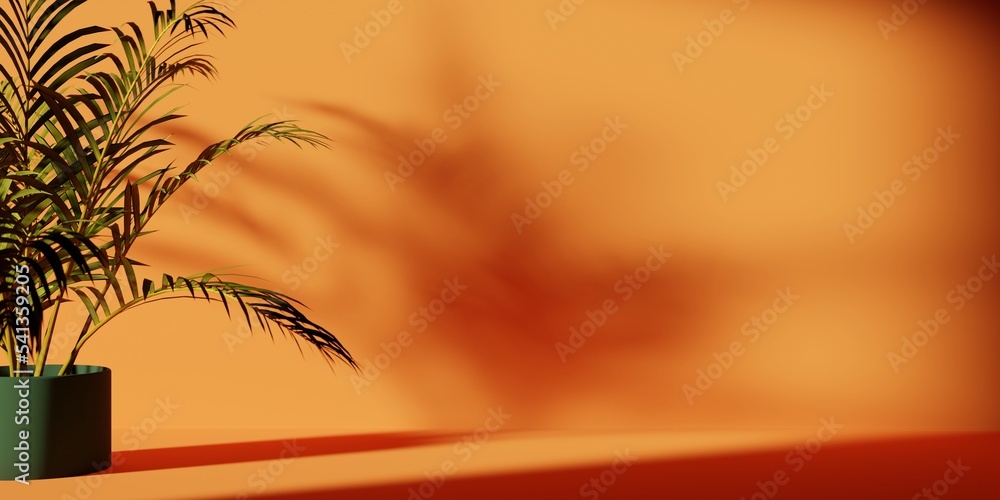 Wall mural beautiful orange wall and palm tree leaves 3d rendering illustration. free space for copy paste text