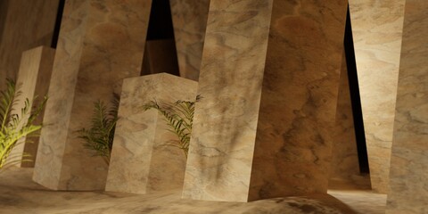 Ancient temple architecture background illustration. Palm tree leaves and pillars made of stone 3d render illustration.