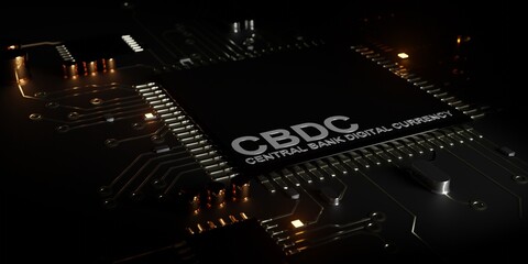 CBDC Central bank digital currency and Circuit board processor 3D render background illustration