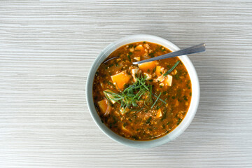 Japanese Mapo Tofu (Mabo Dofu) made with ground pork, tofu and onions served in a fragrant miso and spicy sauce. Top View
