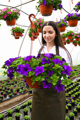Portrait of a caucasian young woman as a business owner of the greenhouse or flower shop. Grown petunias concept