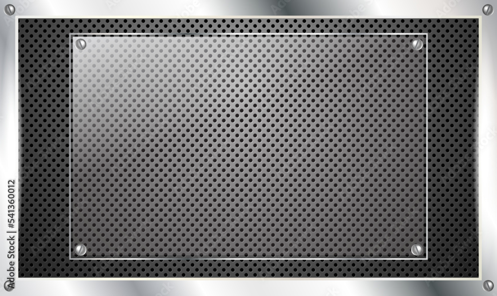 Wall mural glowing glass panel on perforated metal technology background. glass or plastic transparent panel on