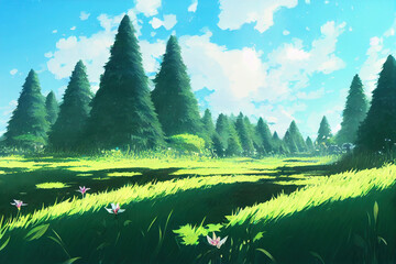 Cozy Fantasy Forest path, Blue Sky, Long Shadows, Peaceful Afternoon. Japanese Anime Style Art Landscape Illustration Background