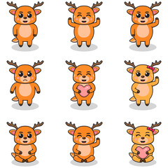 Vector illustration set of Deer cartoon. Bundle of cute Deer set. Set of animals. Cartoon and vector isolated characters. A collection of animals in the children's style.