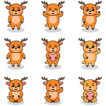 Vector illustration set of Deer cartoon. Bundle of cute Deer set. Set of animals. Cartoon and vector isolated characters. A collection of animals in the children's style.