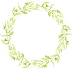 Fototapeta na wymiar watercolor green leaves gold glitter wreath frame collection for logo or banner