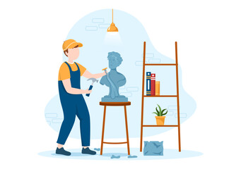 a Sculptor is Carving Sculpture to Form a Work and Will be on Display in the Museum on Flat Cartoon Hand Drawn Templates Illustration
