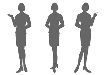 案内するビジネスウーマンのシルエット お辞儀と説明のポーズ 全身正面のイラストセット