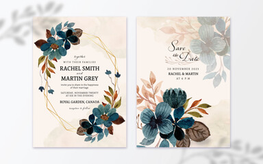 Set of Rustic Indigo Blue Watercolor Flower With Abstract Stain Wedding Invitation