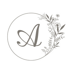 Vector Circle hand drawn floral logo template in an elegant and minimal illustration style. Circle logo frame. For badges, labels, logos and branding business identities.