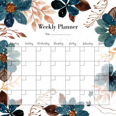 Elegant Indigo Blue Watercolor Floral Weekly Planner