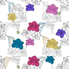 Illustration seamless pattern drawing of black doodle line orchid blooming, random branches with pink blue green yellow color, white background for clothing fabric textile, wallpaper,  paper wrapping