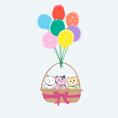 Vector cartoon character drawing of three cute cats in brown basket with a pink bow, hanging on colorful balloons blowing on blue sky background, for a  gift or presents 