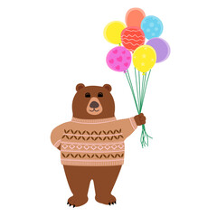 Vector cartoon drawing of brown bear animal wearing cream color yarn sweater, standing and hold colorful yellow, red, pink, blue, violet balloons on white background 