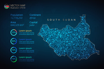 South Sudan map infographics vector template with abstract geometric mesh polygonal light concept on blue background. Template for diagram, graph, presentation and chart