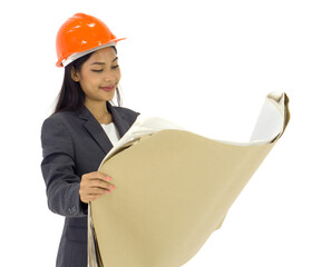 Young asian engineer in gray suit and orange hardhat, checking the construction drawing of real estate project. Portrait on white background with studio light.