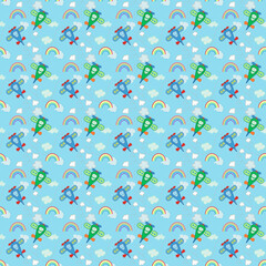 Vector seamless repeat pattern, blue and green airplane flying on blue sky with clouds and rainbow, random elements for fashion clothing fabric textiles, wallpaper, paper wrapping
