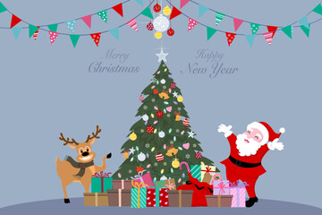 Vector drawing of Santa Claus and reindeer decorated a green pine tree for celebrate Merry Christmas and happy new year, gift boxes, lighting star, colorful ball and flag on blue background