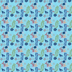 Vector seamless repeat pattern drawing of seashell, coral, starfish, under ocean on blue background for fashion fabric textiles, wallpaper printed, paper wrapping