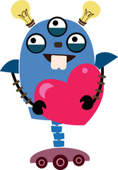 Cute cartoon robot holding a heart, character for kids, sticker