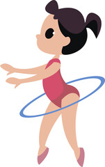 Hoop choreography. Children s gymnastics cartoon style. Little girl goes in for sports.