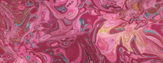 Liquid Swirls in Beautiful Pink and Magenta colors, with Gold Glitter. Modern Art Banner.
