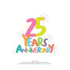 25th anniversary logotype template design for banners, posters, illustrations, vectors and cards. 25 year celebration colorful lettering with fireworks decoration.