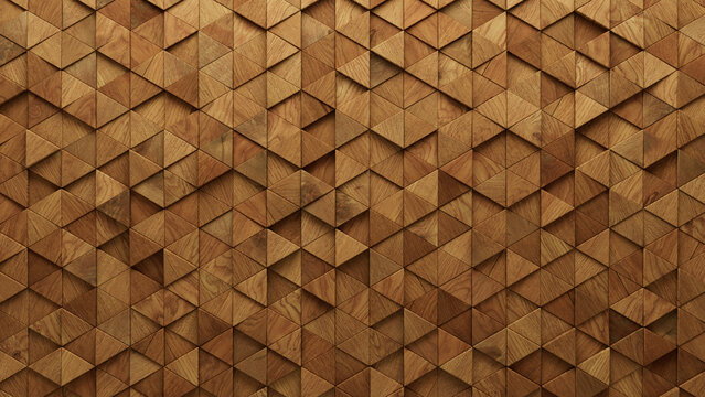 Timber Tiles arranged to create a Triangular wall. Natural, 3D Background formed from Wood blocks. 3D Render