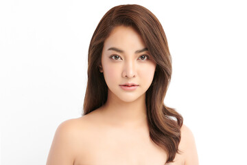 Fototapeta premium Beautiful young asian woman with clean fresh skin on white background, Face care, Facial treatment, Cosmetology, beauty and spa, Asian women portrait.
