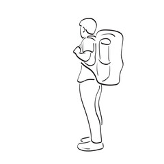 male traveler with his backpack standing in back view illustration vector hand drawn isolated on white background line art.